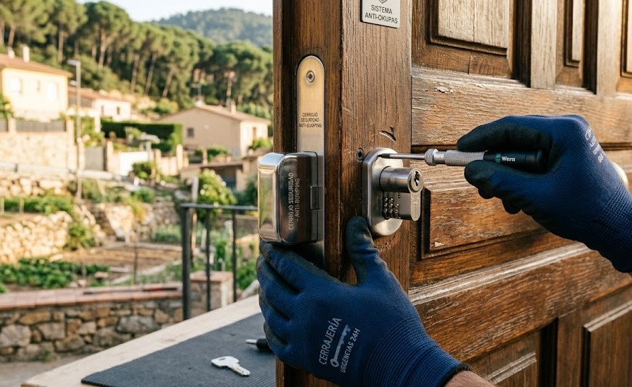 Técnico instalando cerradura anti-bumping de alta seguridad en una casa en Torre Baró, Barcelona