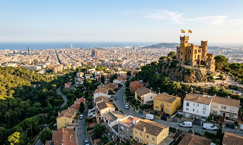 Vista del Castell de Torre Baró y el paisaje boscoso de Collserola en Barcelona